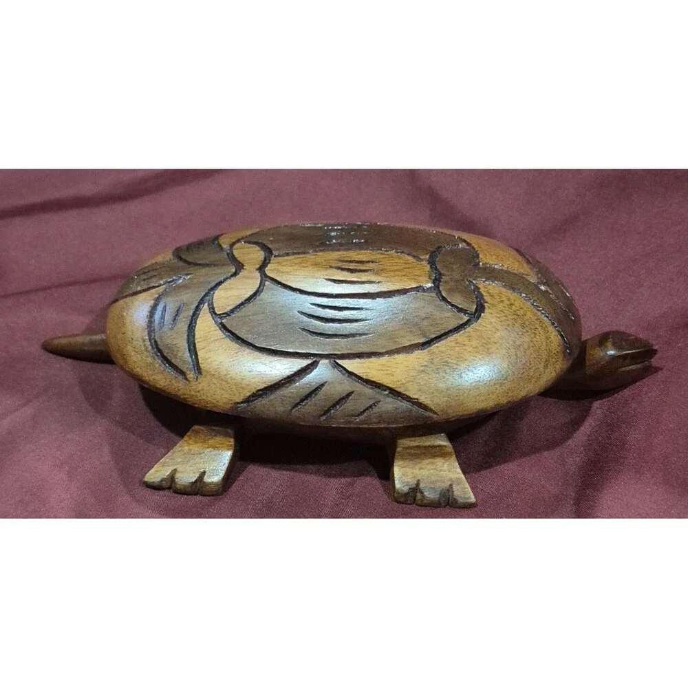Vintage Hand Carved Wood Turtle Trinket Box 7